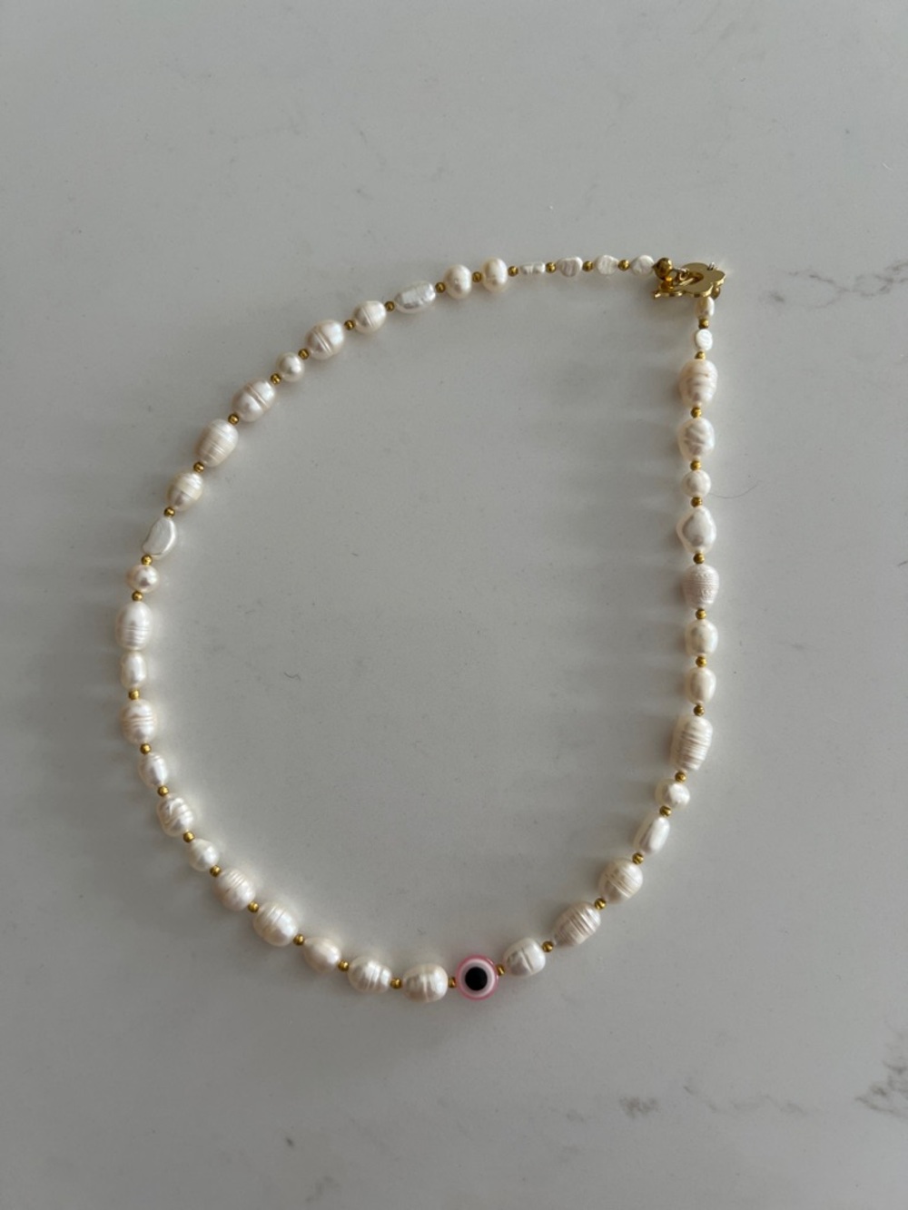 Freshwater Pearl Necklace with Pink Evil Eye Accent - Unbranded
